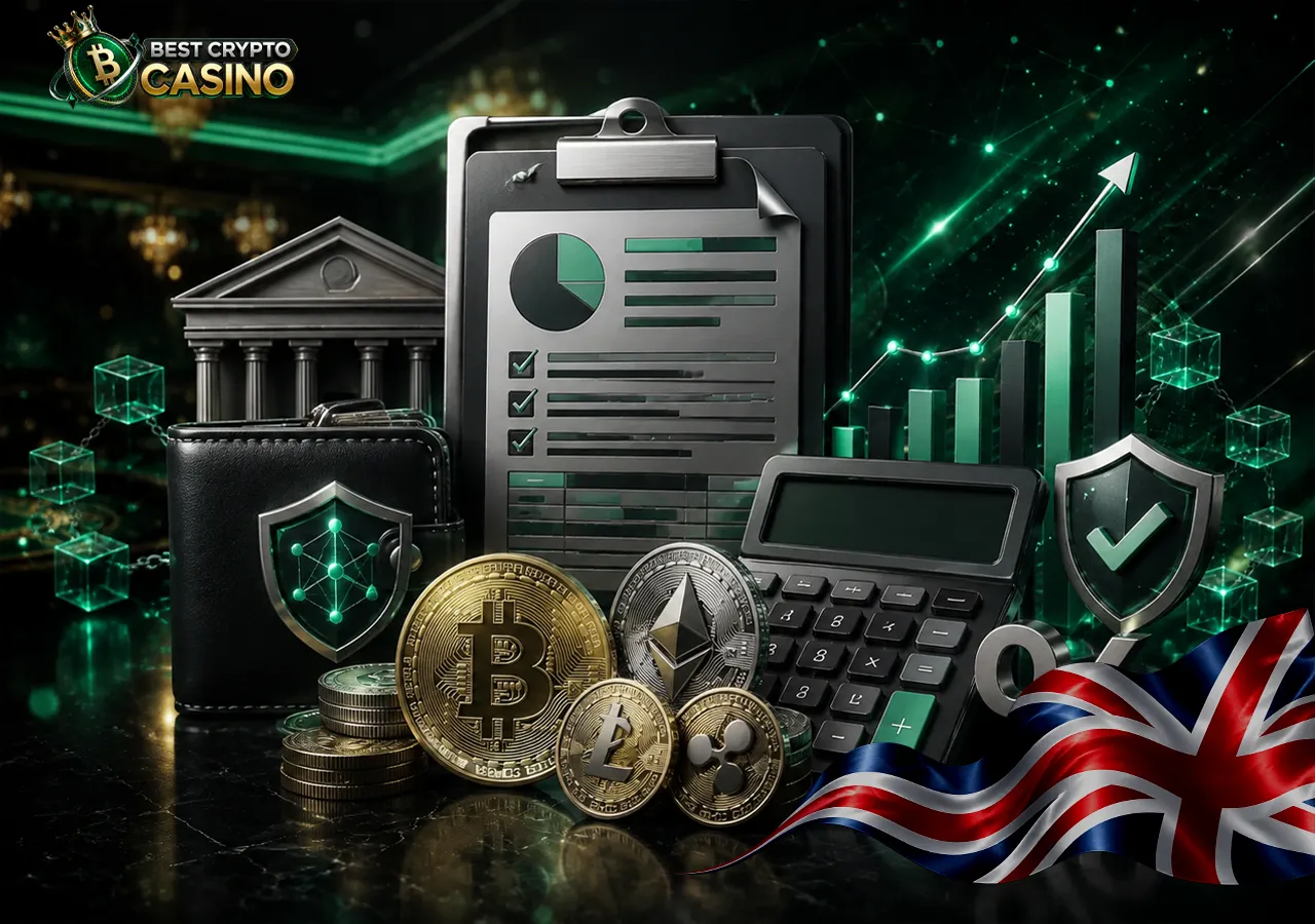 Crypto gambling tax guide with financial documents, calculations and payment information